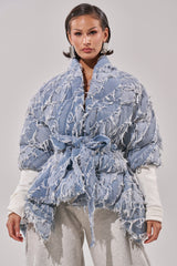RIB SLEEVE PEPLUM PUFFER IN DENIM