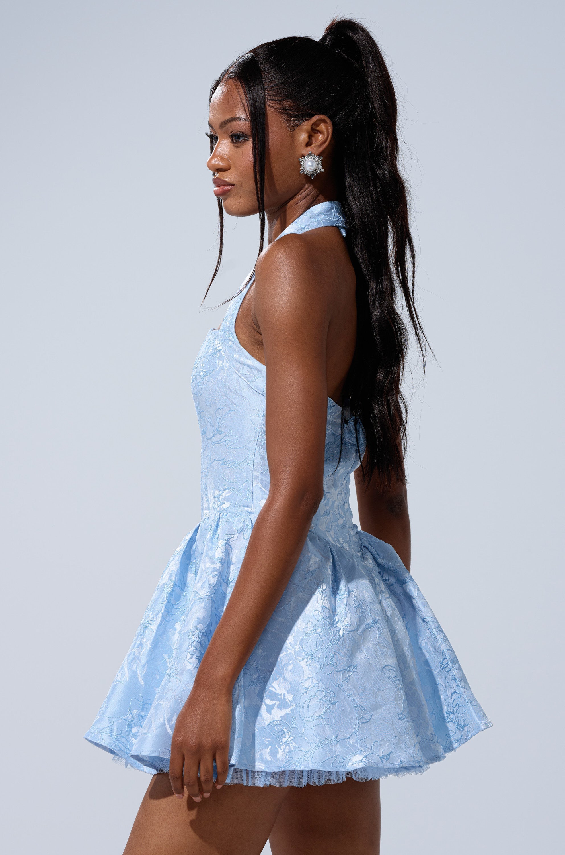 BRINA BROCADE MINI DRESS IN BLUE