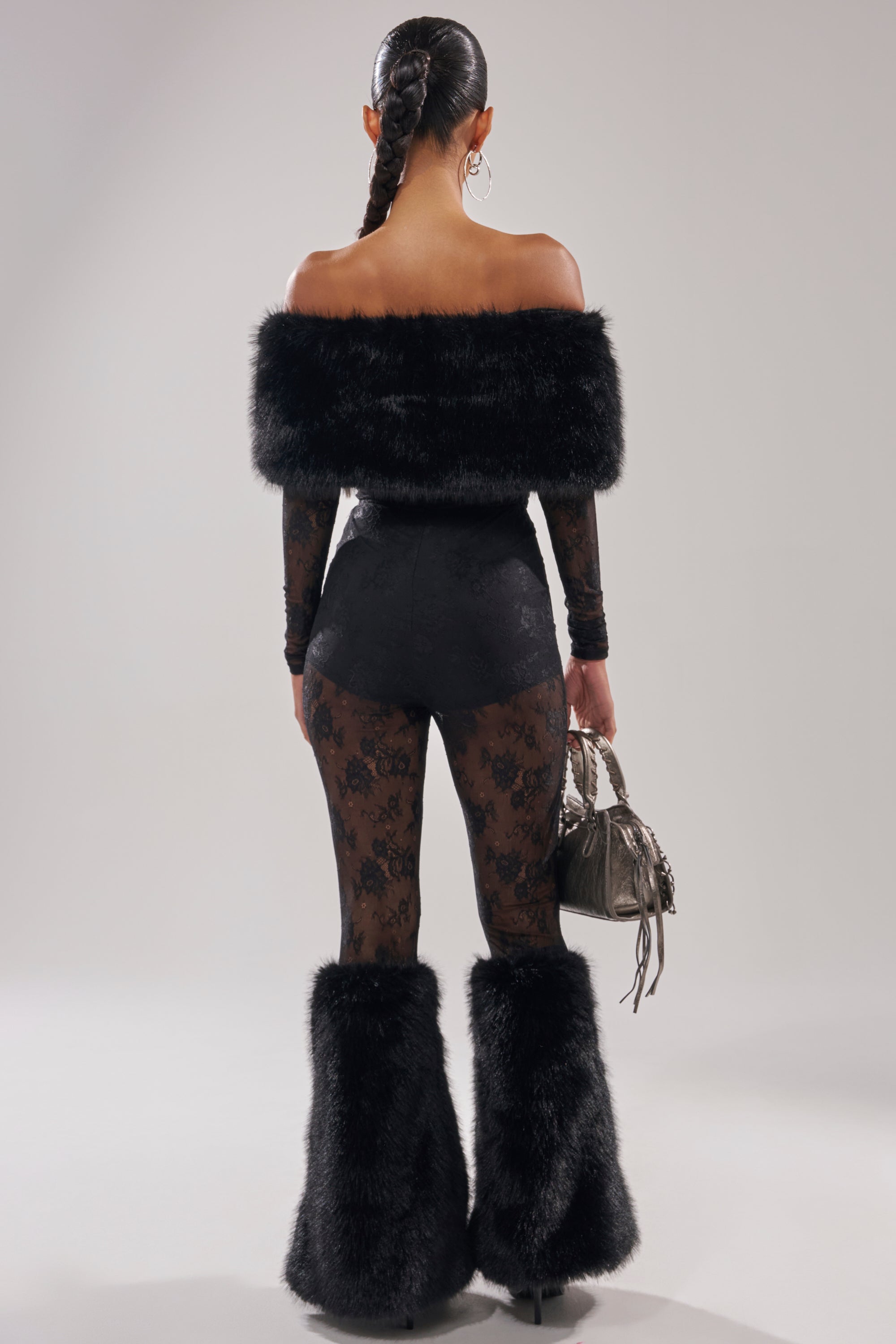 DELARA FUR TRIM LACE JUMPSUIT