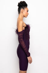 BLAIR OFF THE SHOULDER BANDAGE DRESS WITH FEATHERS