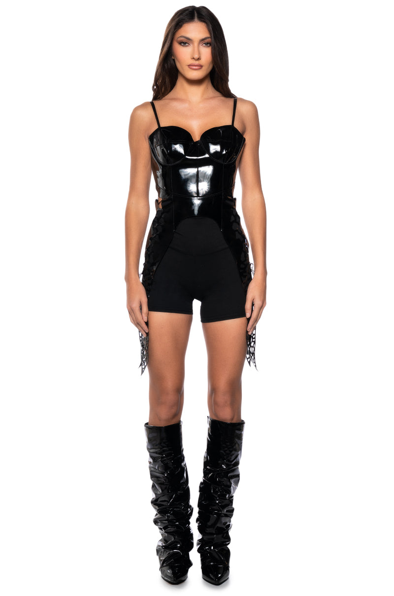 SAFE ON MY OWN VINYL CORSET TOP IN BLACK