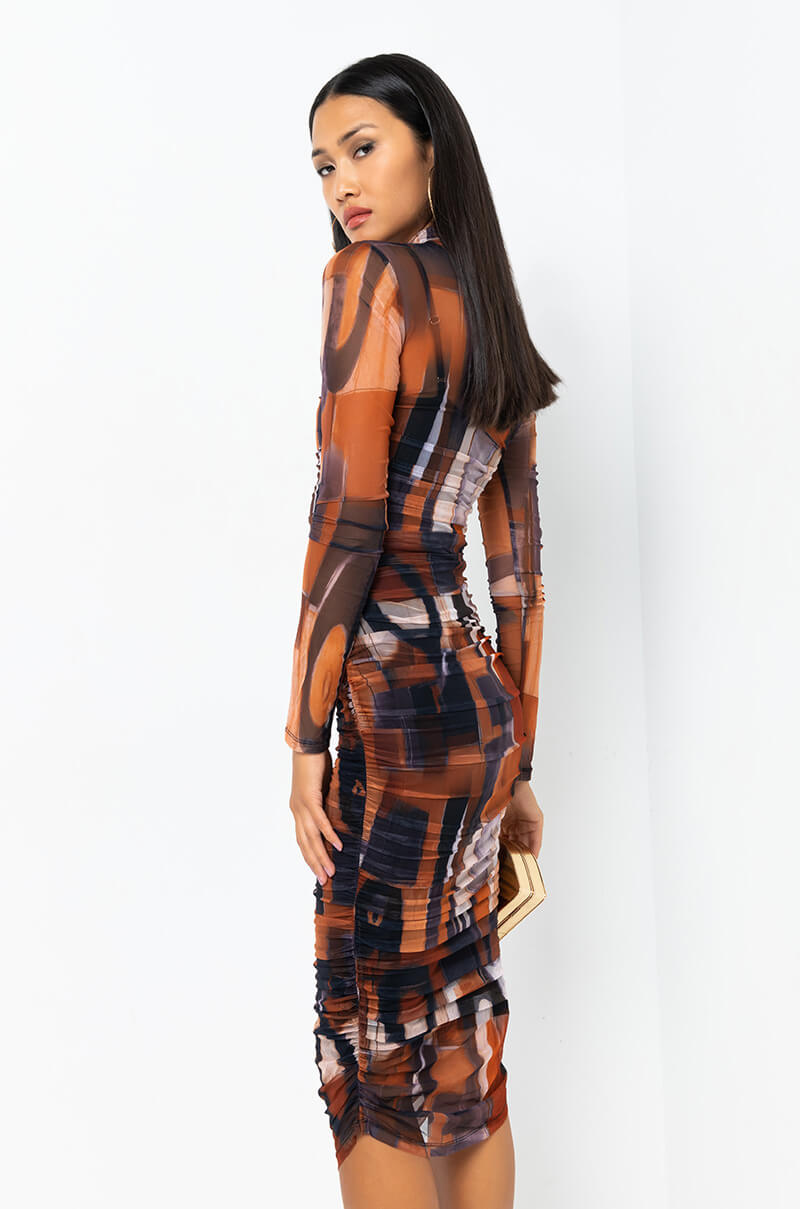 BREAK THE MOLD LONG SLEEVE RUCHED MESH MIDI DRESS rust